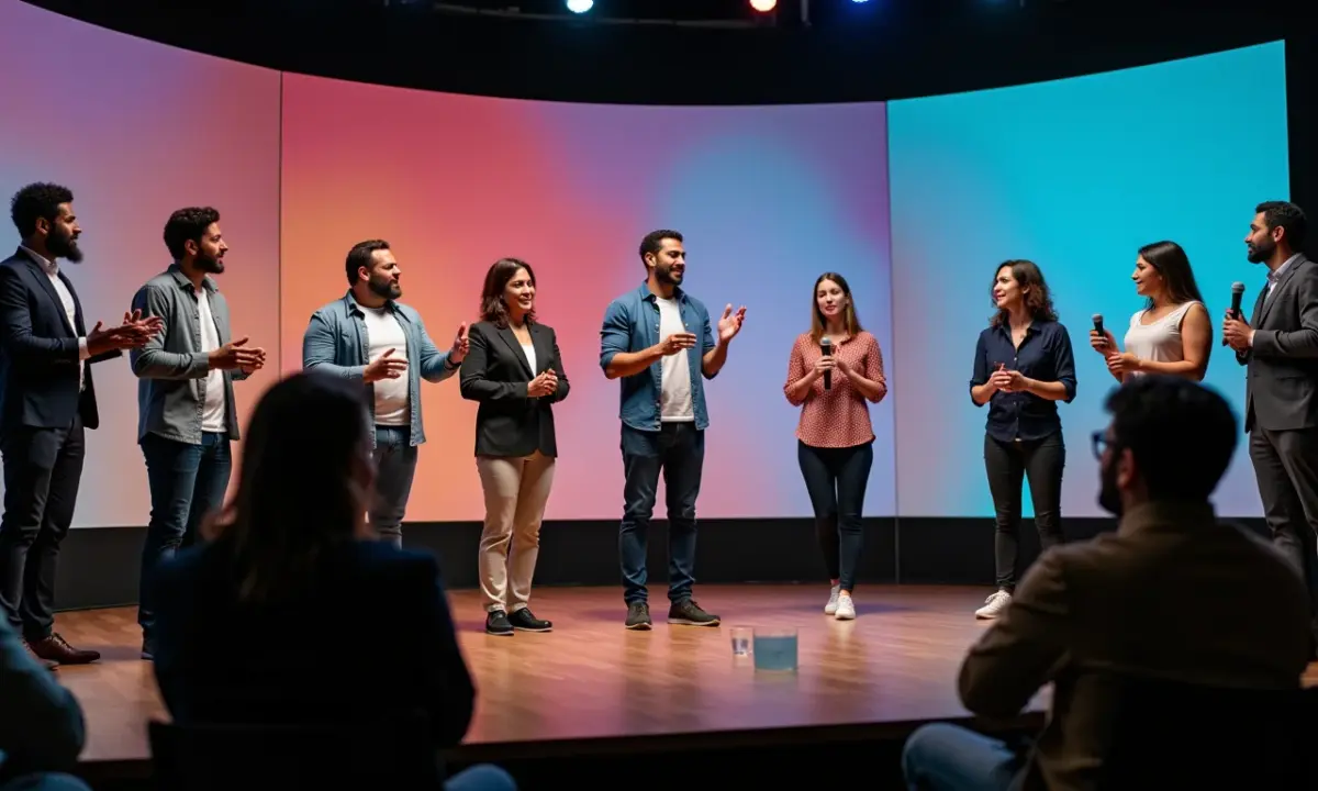 Empreendedores diversos no palco, transmitindo paixão genuína.