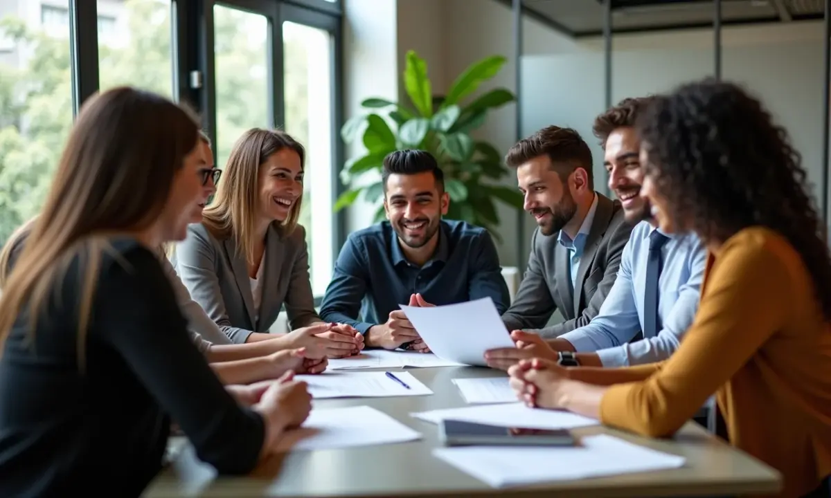 Empresários brasileiros diversos discutem estratégias tributárias em co-working moderno.