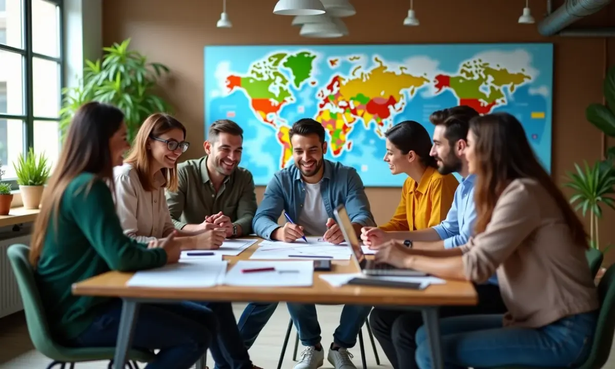Equipe diversa brainstorming em escritório moderno e vibrante.
