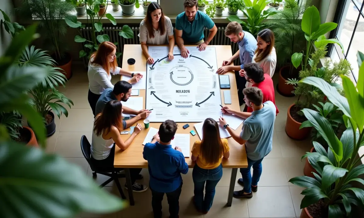 O que é o Ciclo PDCA e como usá-lo para a melhoria contínua? Equipe diversa colaborando em ciclo PDCA em escritório vibrante.