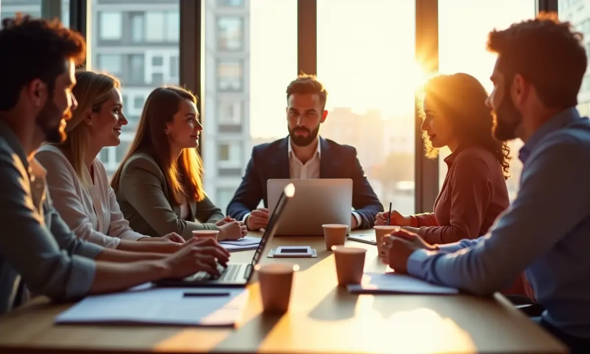 Equipe diversa colaborando em Customer Development em escritório moderno.