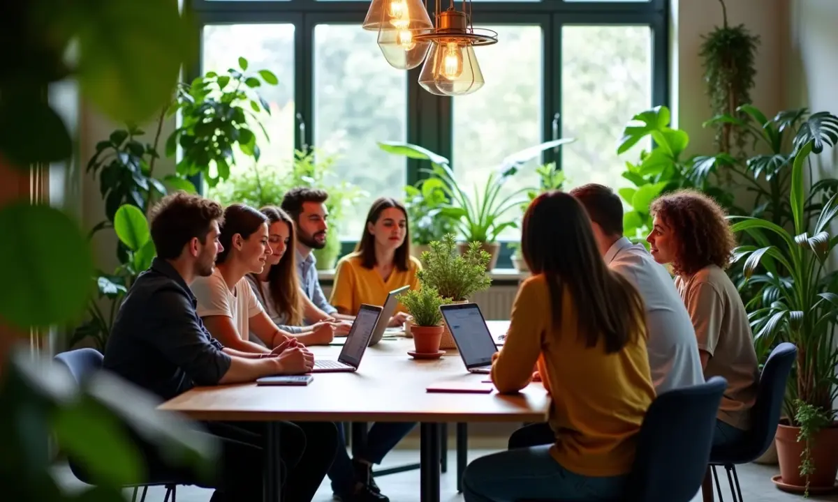 Equipe diversa colaborando em ideias de inovação em escritório vibrante e cheio de plantas.