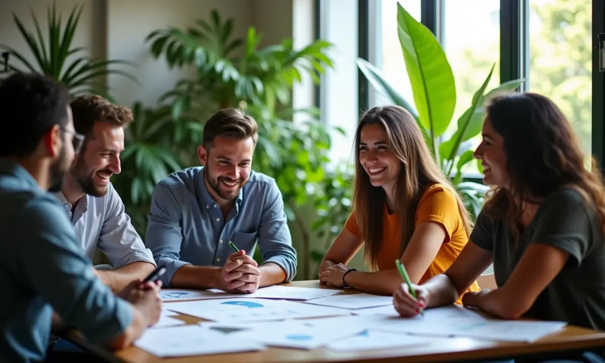 Como medir o engajamento dos funcionários com a inovação Equipe diversa colaborando em um escritório vibrante e cheio de plantas, discutindo métricas de inovação.