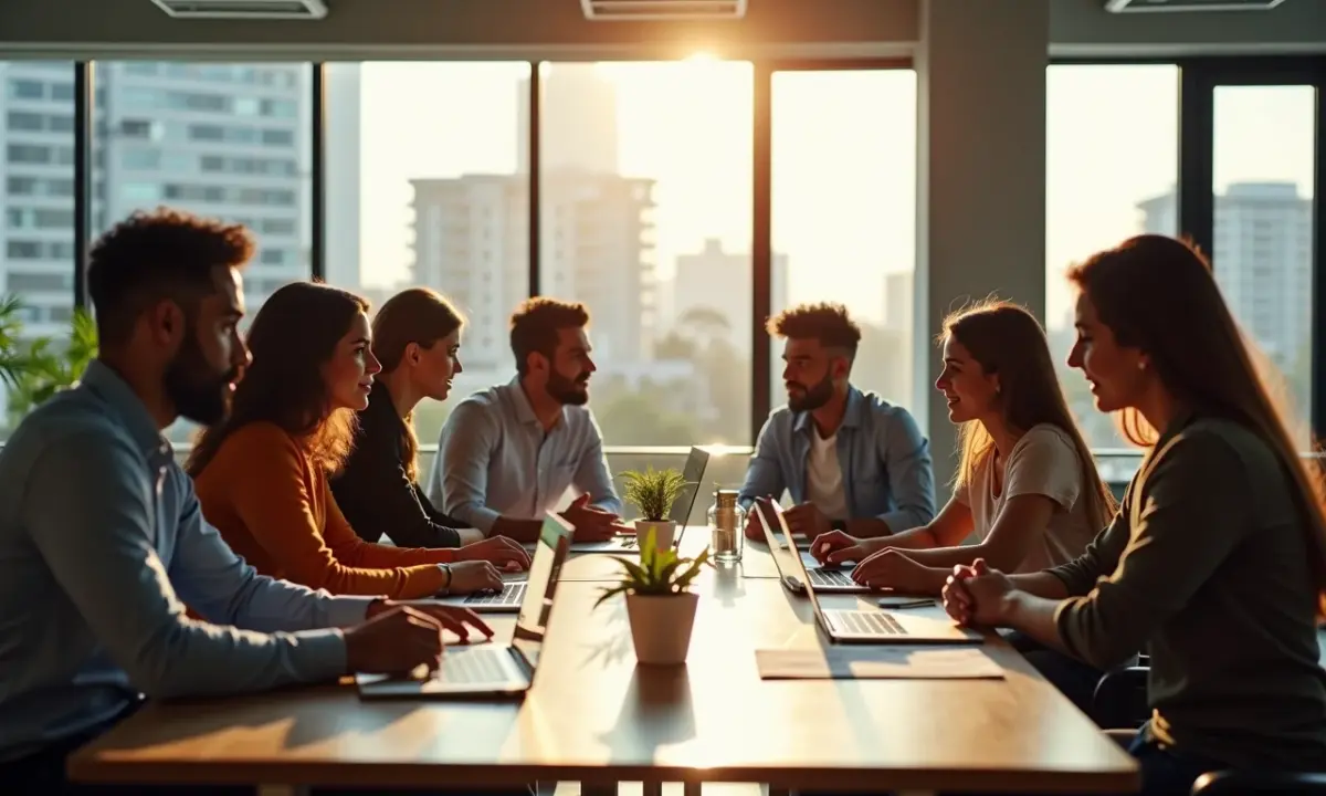 Equipe diversa em escritório brasileiro moderno, brainstorming sobre liderança com inteligência emocional.