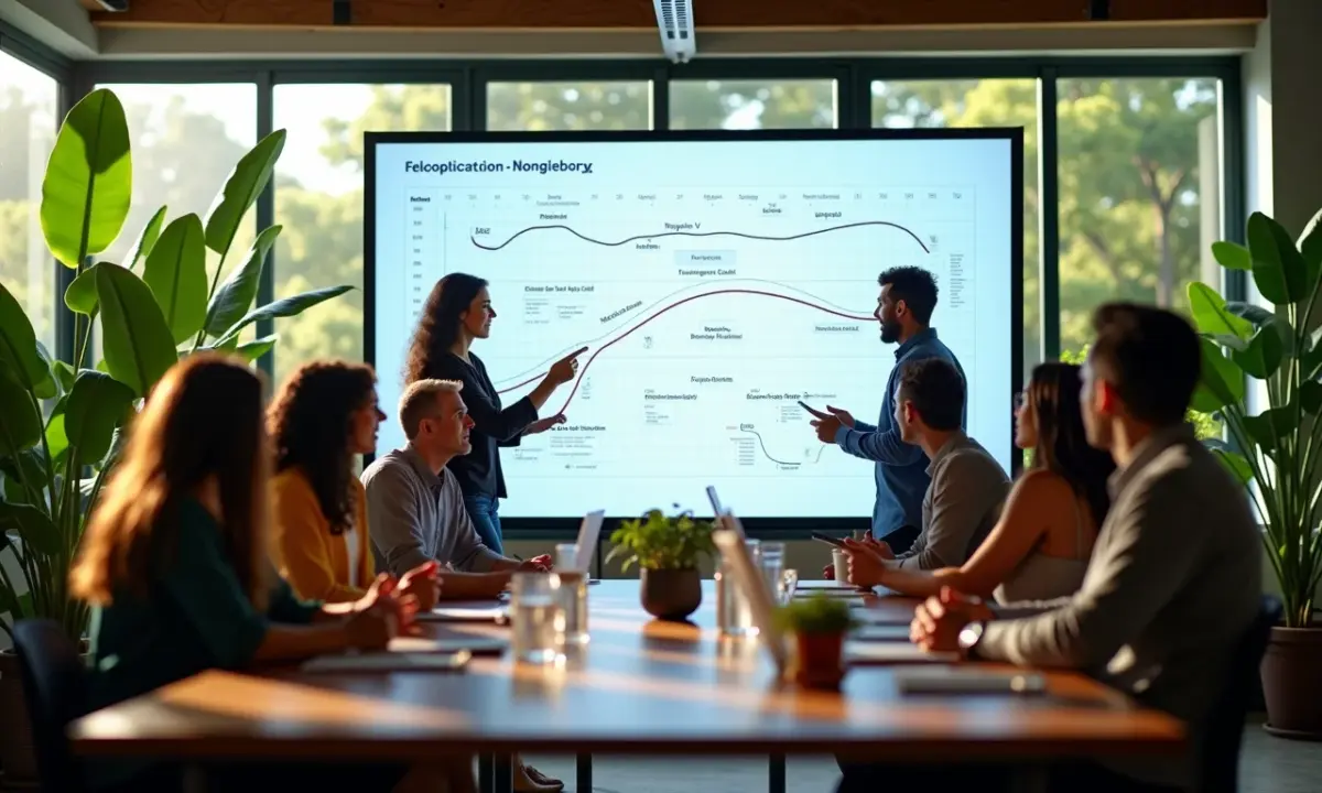 Equipe diversa planejando roadmap de inovação em escritório vibrante.