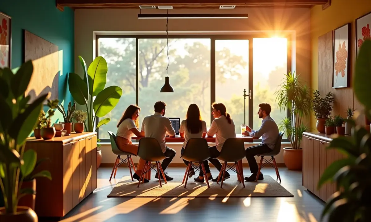 Equipe diversa trabalhando em escritório moderno com design brasileiro
