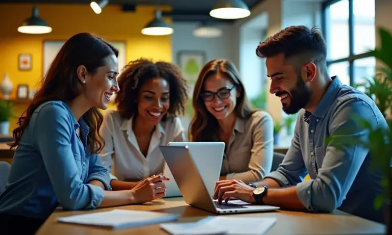 Equipe diversa trabalhando em ferramentas digitais inovadoras em escritório vibrante com design brasileiro.