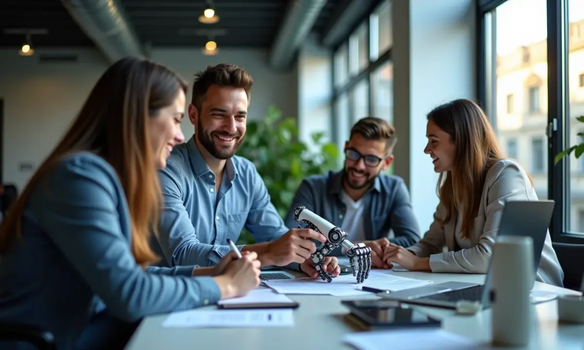 Equipe diversa trabalhando em projeto de automação robótica em escritório moderno.