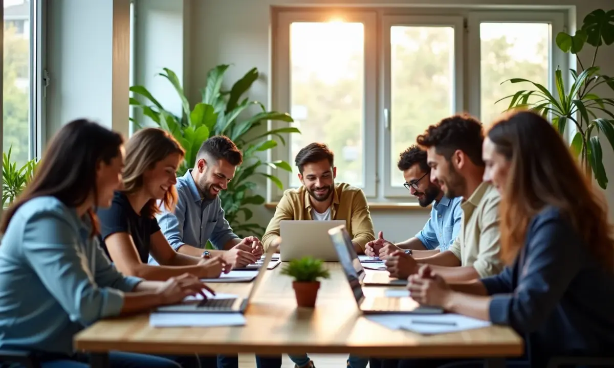 Equipe diversa trabalhando feliz em escritório moderno e vibrante.