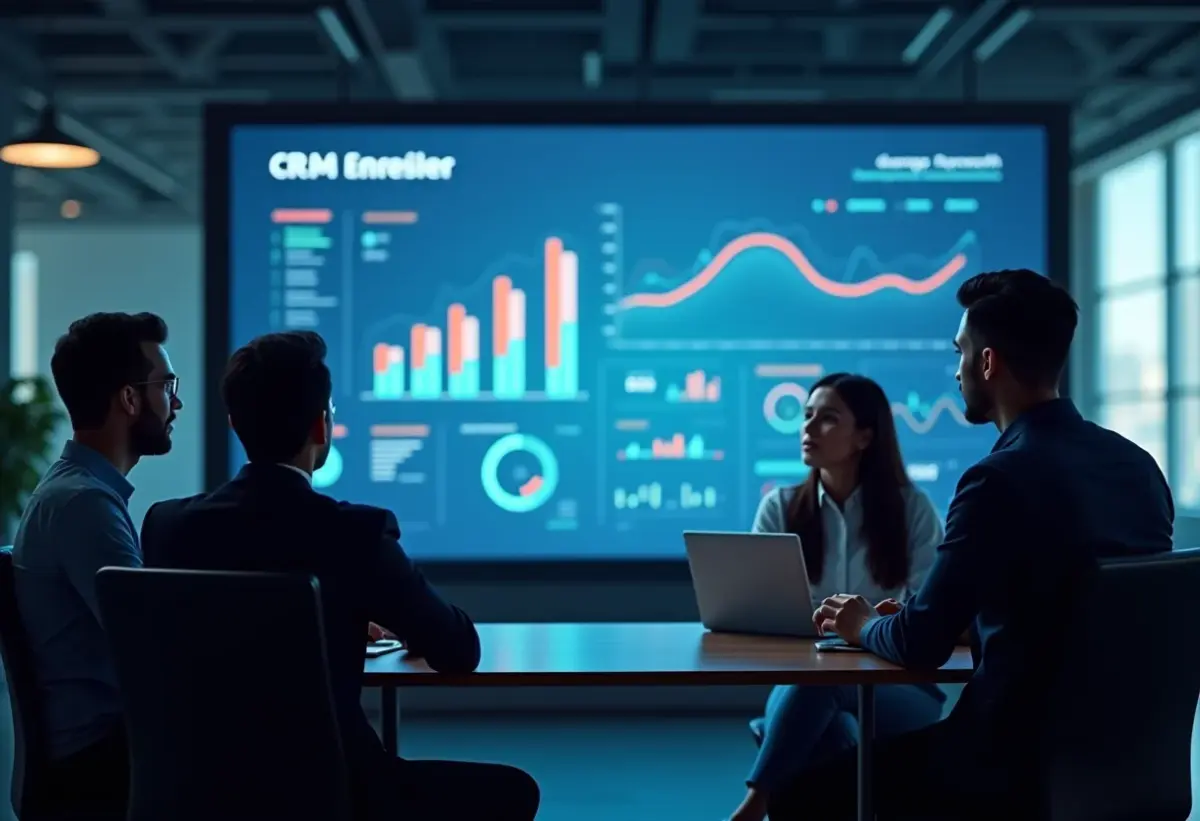 Equipe diversificada analisando dados de CRM em escritório moderno