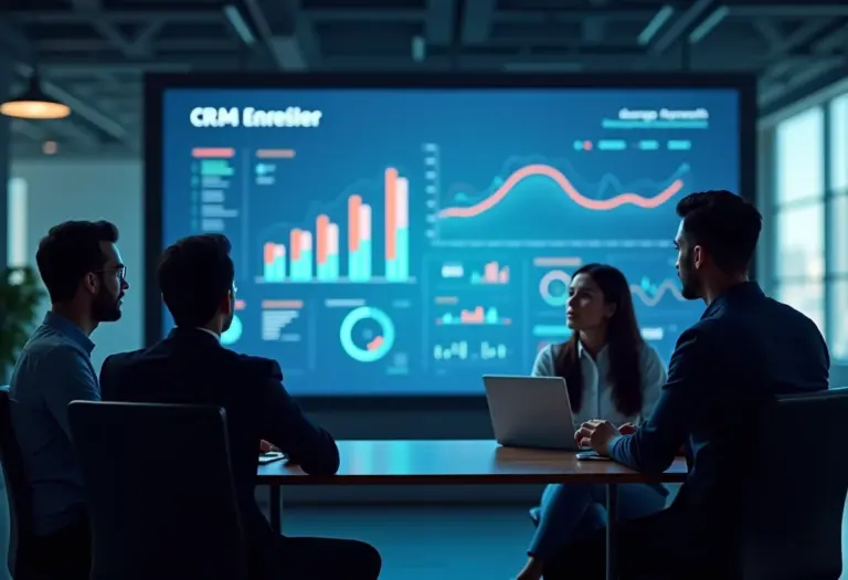 Equipe diversificada analisando dados de CRM em escritório moderno