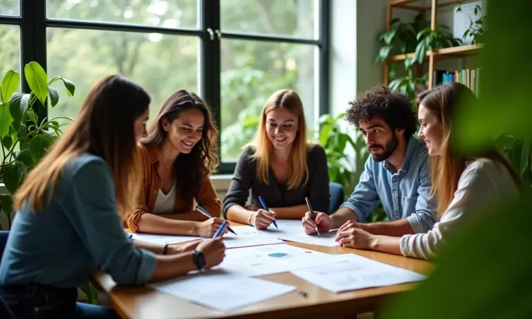Diversidade e Inovação A Fórmula Para Melhores Ideias Equipe diversificada colaborando em escritório iluminado e cheio de plantas, representando inovação e diversidade.