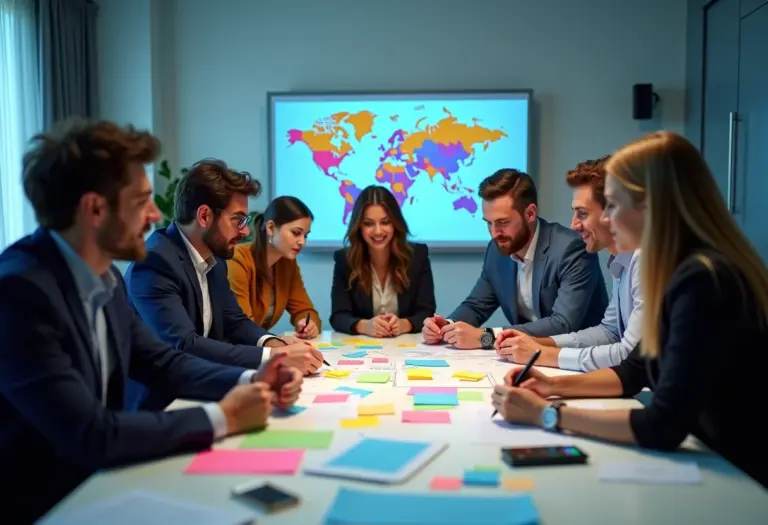 Equipe diversificada colaborando em sessão de brainstorming para solução criativa de problemas.