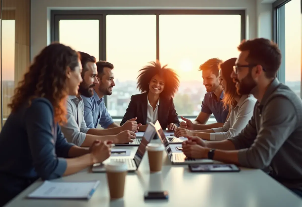 Equipe diversificada colaborando em um ambiente de trabalho moderno e inovador.