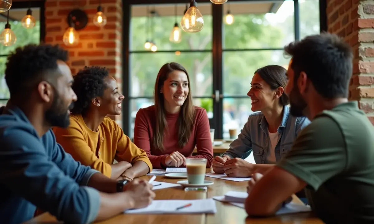 Equipe diversificada em brainstorming em um café brasileiro, planejando estratégias de crescimento.