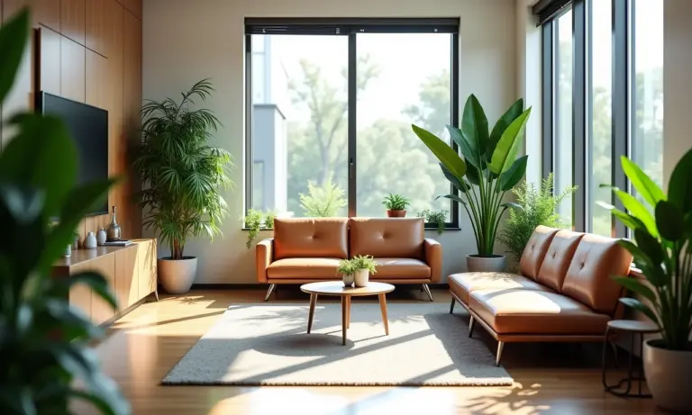 Espaço de descompressão em escritório moderno com plantas e área de relaxamento.