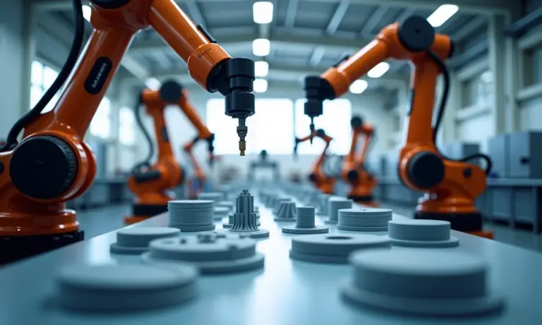 Fábrica moderna com braços robóticos e impressoras 3D em ação.