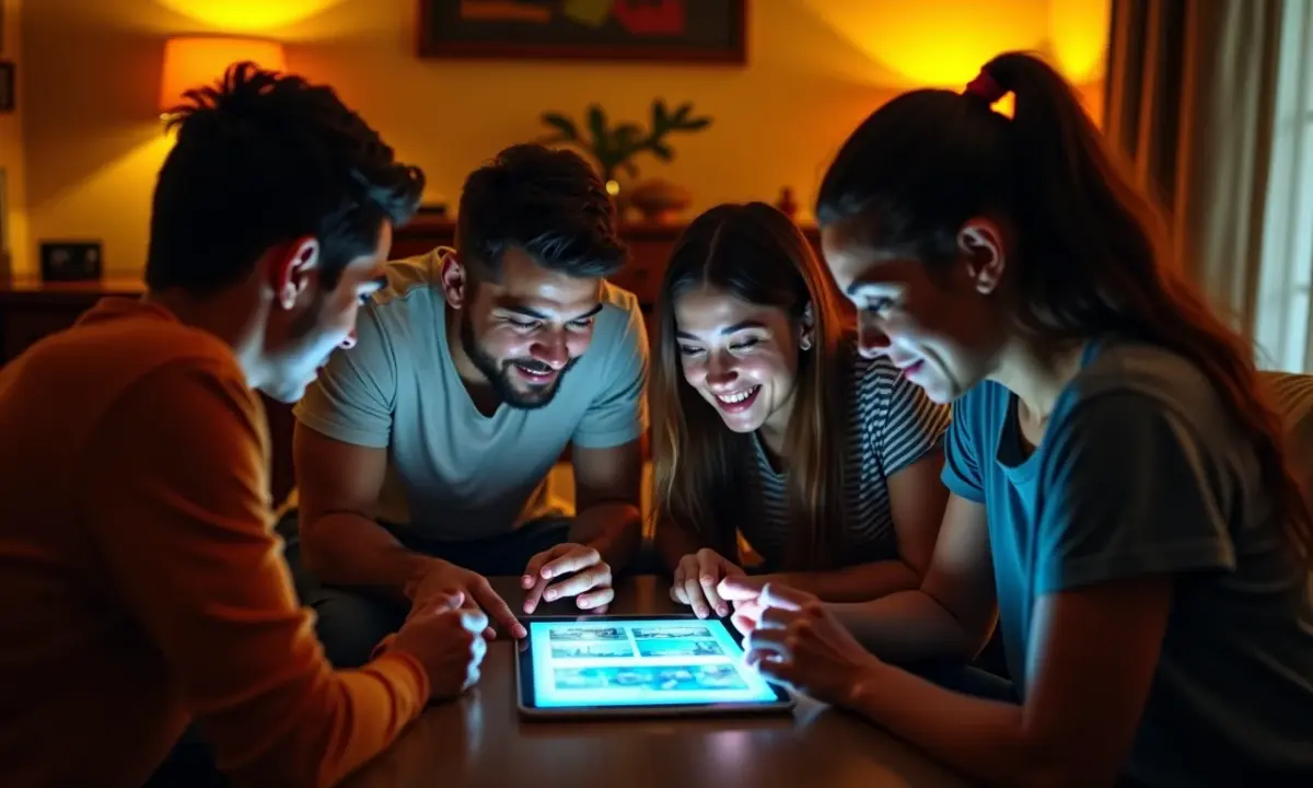 Planejamento sucessório digital Como proteger seus ativos online Família reunida analisando ativos digitais em tablet, planejamento sucessório.