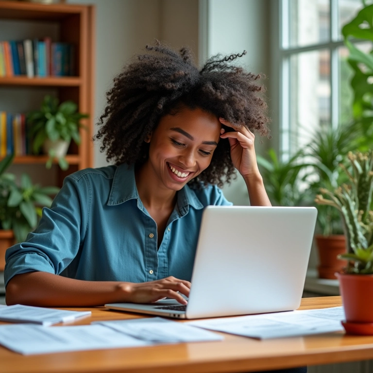 Freelancer trabalhando em sua mesa com documentos financeiros e laptop.