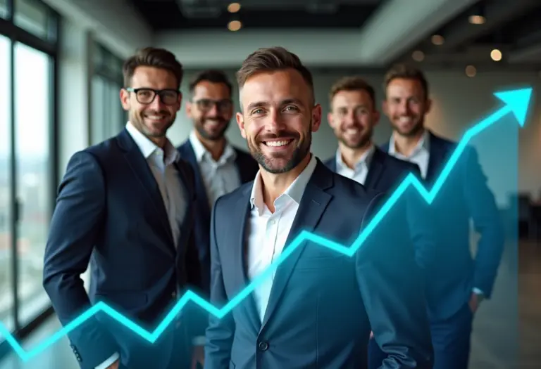 Gráfico de valor de ações em alta com equipe de investimento diversificada ao fundo