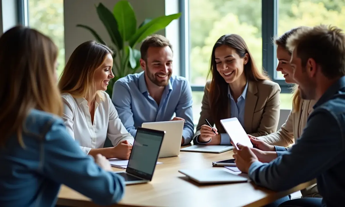 Grupo de empreendedores analisando dados do Instagram em dispositivos diversos.