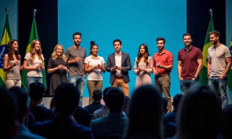 Pitch de Inovação Como Vender sua Ideia em 3 Minutos Grupo diverso apresentando ideias inovadoras em palco iluminado.