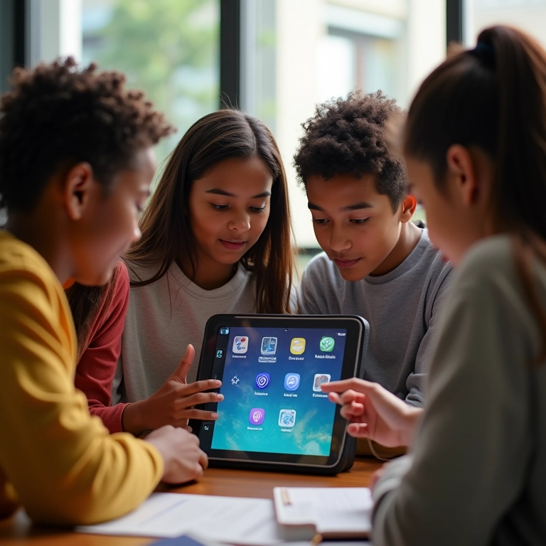 Grupo diverso colaborando em tablet com aplicativos educacionais.