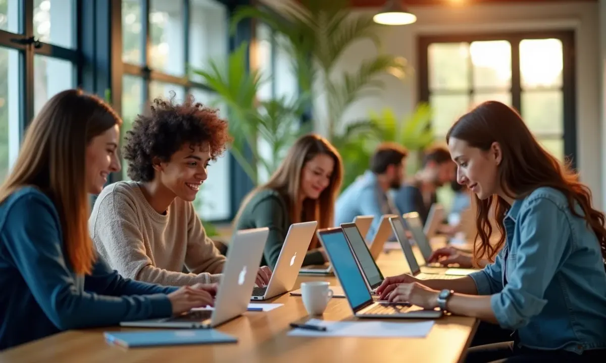 Grupo diverso de adultos colaborando em espaço de co-working moderno, representando o futuro da educação.