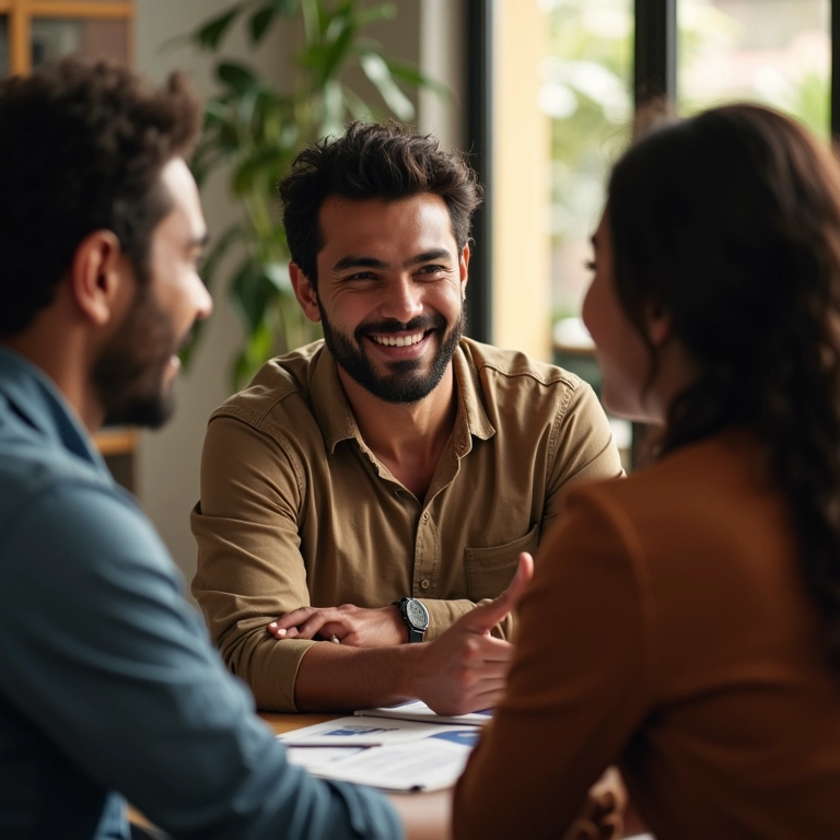 Grupo diverso de brasileiros discutindo opções de crédito consignado.