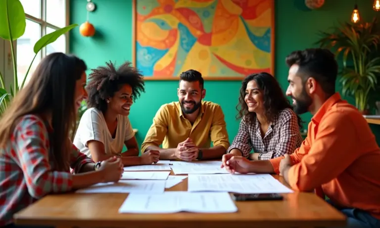 Grupo diverso de brasileiros planejando finanças em um ambiente acolhedor e vibrante.