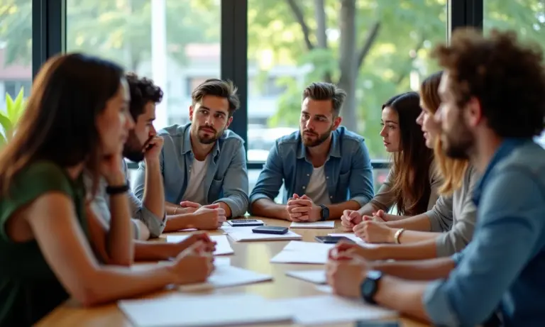 Grupo diverso de profissionais reunidos em torno de uma mesa, ouvindo atentamente uma apresentação sobre como atrair startups.