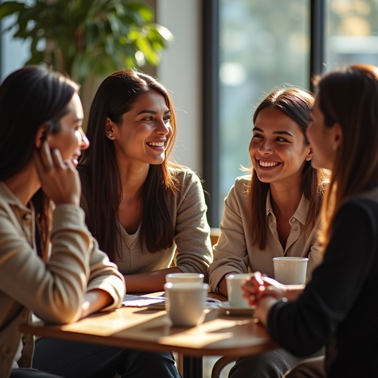 Grupo diverso discutindo planos de previdência privada em cafeteria ensolarada.