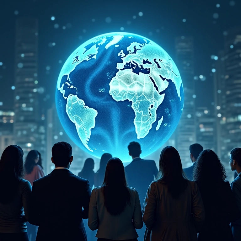 Grupo diverso visualizando um globo holográfico com destinos turísticos futuros e sustentáveis.