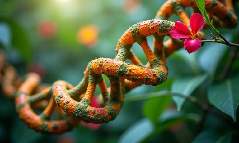Hélice de DNA com flora brasileira, representando inovação em biotecnologia.