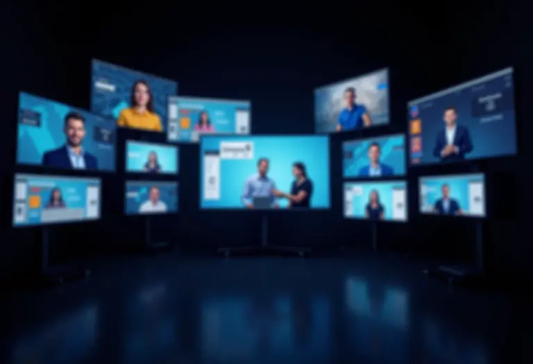Imagem panorâmica de um estúdio de live commerce com produtos e interações online.
