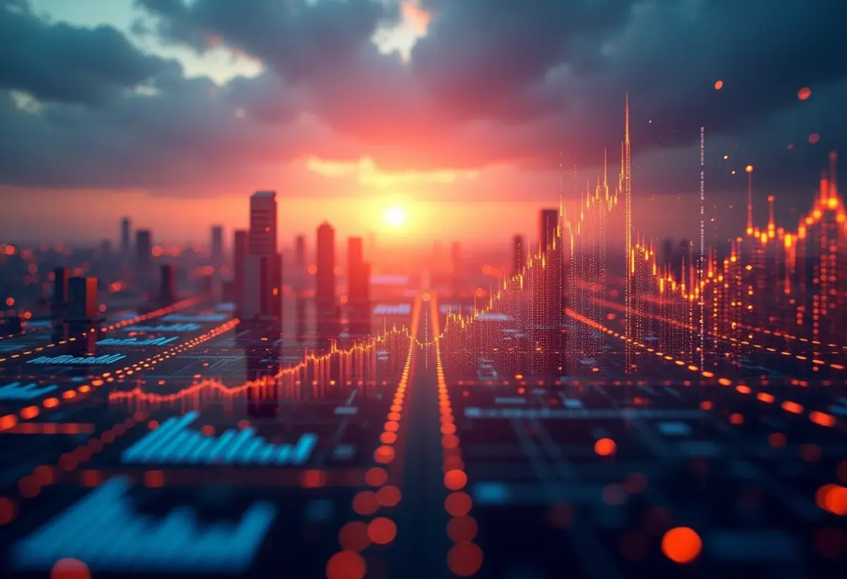 Interface futurista de mercado financeiro com IA prevendo tendências