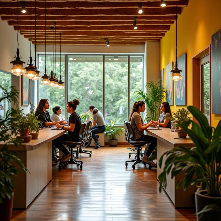 Interior vibrante de imobiliária no Brasil com agentes diversos trabalhando.