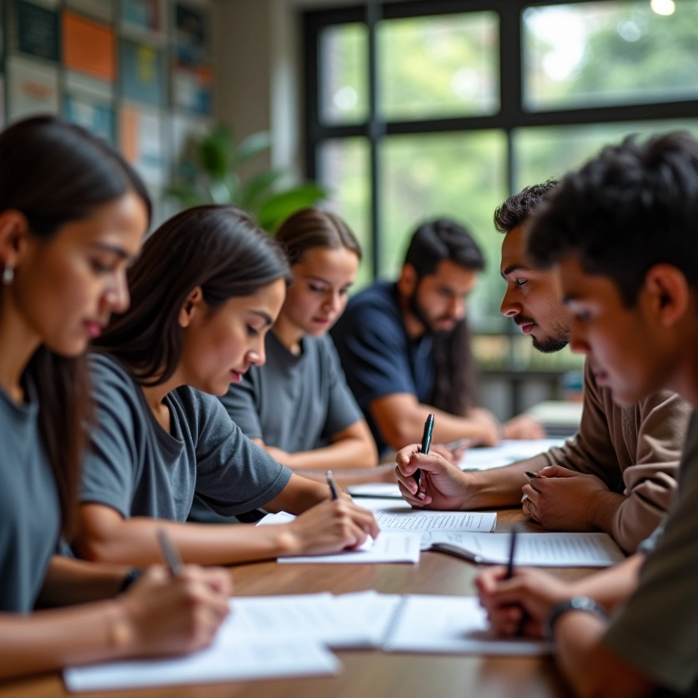 Jovens diversos trabalhando em currículos, destacando a importância do voluntariado.