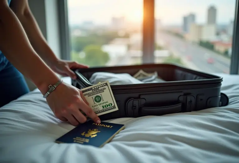 Mala sendo preparada com dólares e passaporte para viagem internacional.