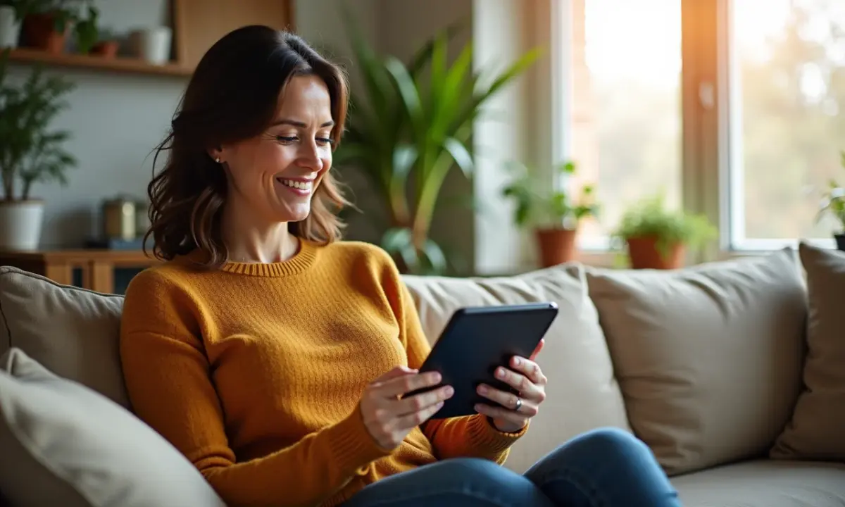 Mulher analisando gráficos de ações em tablet, sorrindo em casa com plantas e luz natural.