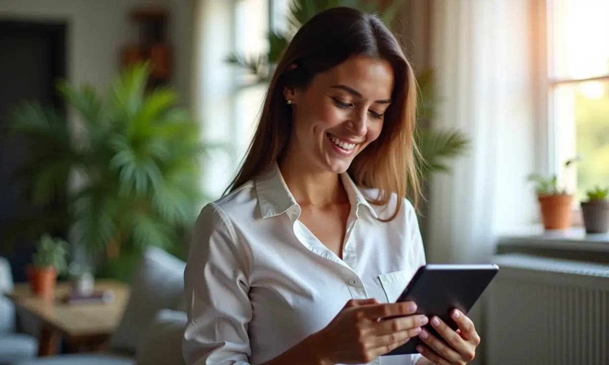 Cadastro Positivo Como Ele Pode Ajudar Seu Score de Crédito Mulher brasileira sorrindo analisa score de crédito no tablet, mostrando o conceito de Cadastro Positivo.