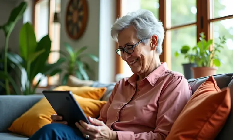 Silver economy: inovações para o público 60+ Mulher idosa sorrindo usa tablet em sala ensolarada com decoração brasileira vibrante, representando a silver economy.