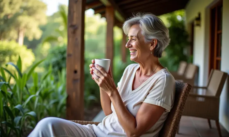 Lean FIRE como viver com pouco para se aposentar mais cedo Mulher relaxada bebendo café em varanda florida, simbolizando liberdade financeira.