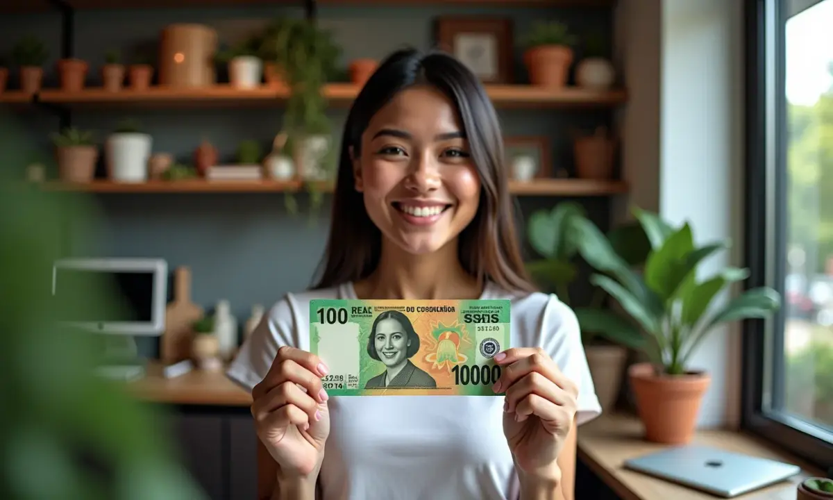 20 Ideias de Negócios Para Começar Com Menos de Mil Reais Mulher sorrindo com nota de mil reais, cercada por elementos de pequenos negócios.