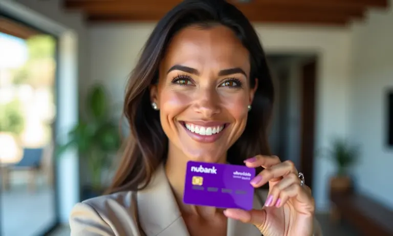 Mulher sorrindo segurando cartão Nubank Ultravioleta em apartamento moderno