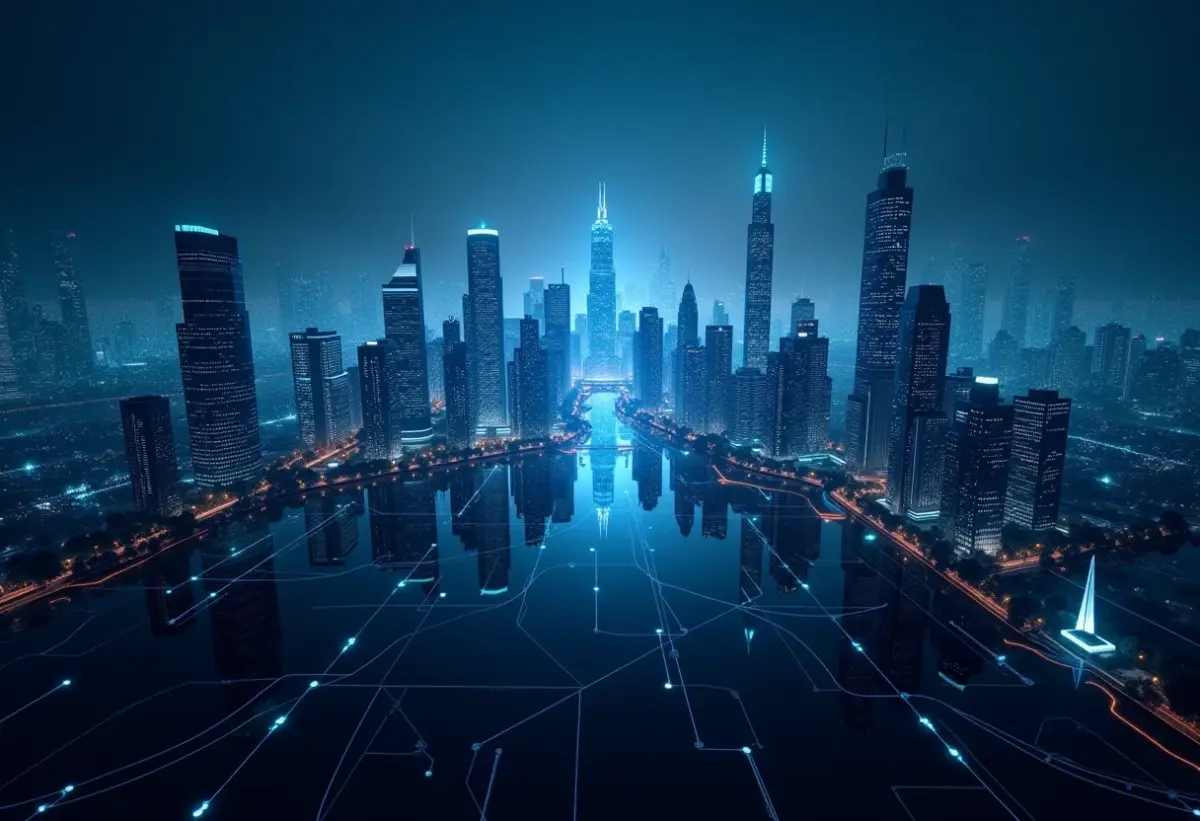 Paisagem urbana futurista com redes neurais conectando prédios, representando a inovação da IA