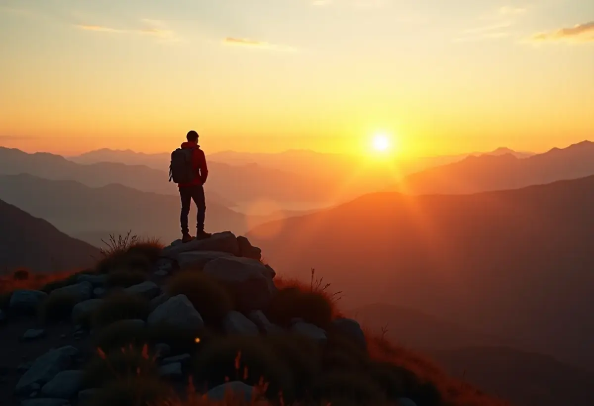 Pessoa no topo de uma montanha ao nascer do sol planejando um ano sabático