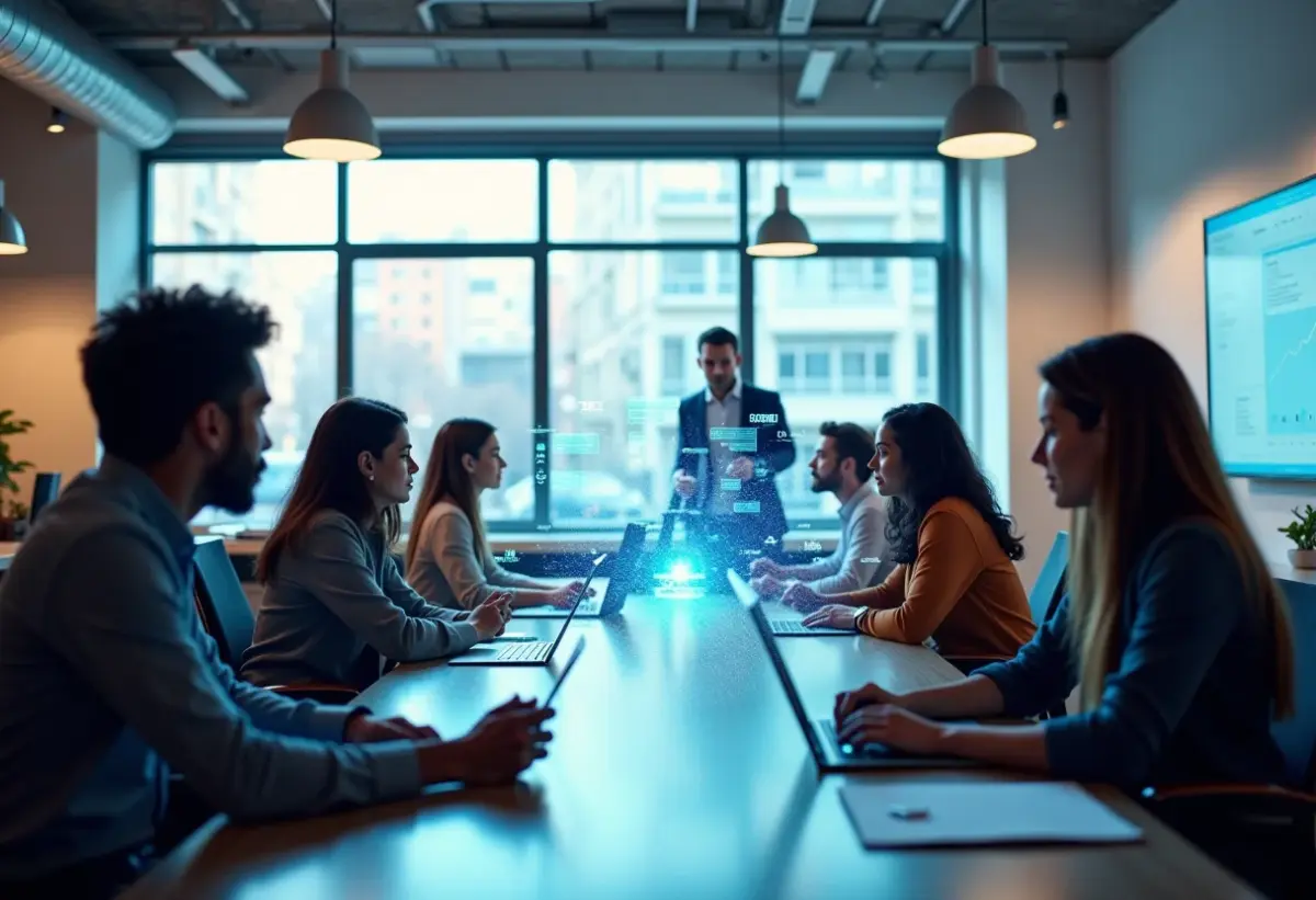 Pessoas diversas colaborando com tecnologia futurista, representando o letramento digital na inovação.