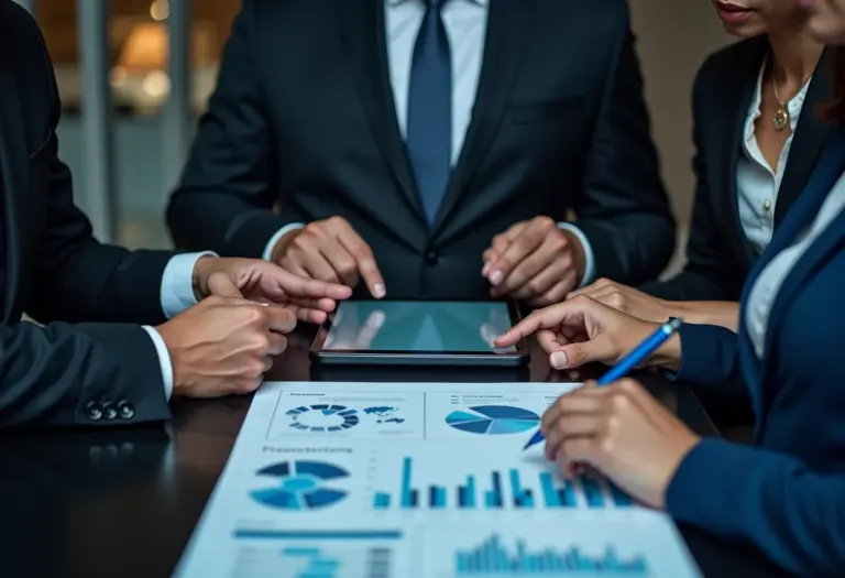 Pessoas diversas planejando finanças em equipe.