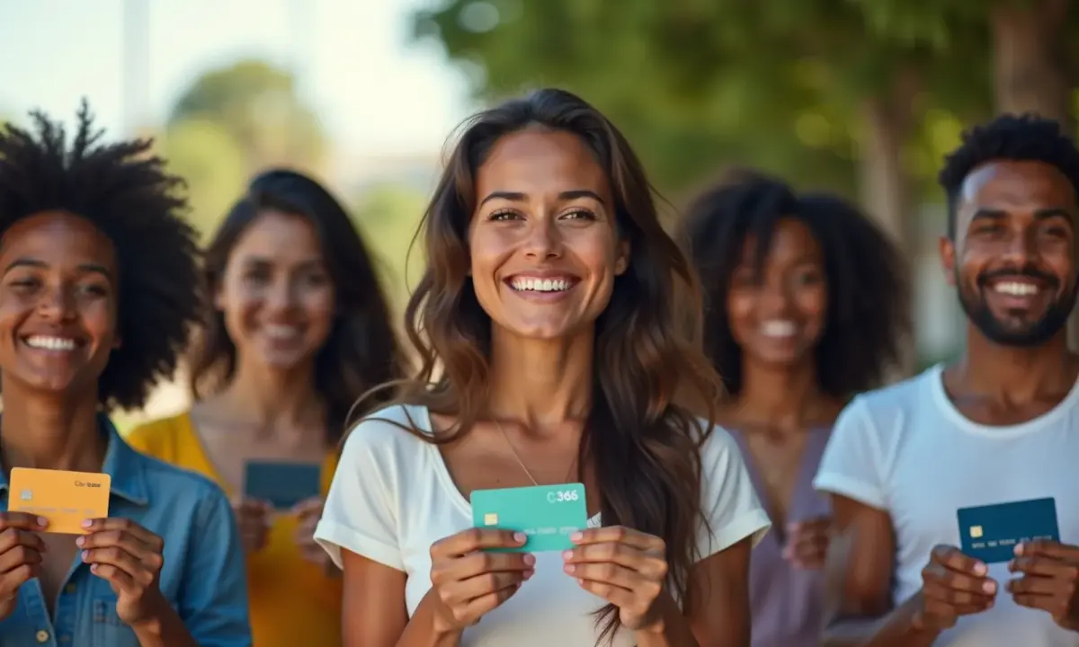 Pessoas diversas segurando cartões de crédito com esperança, representando oportunidades financeiras para negativados.
